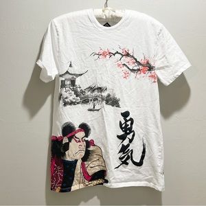 ORIGINAL GRAVITY Men’s Asian Print Cherry Blossom Samurai White Graphic Tee Sz L